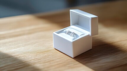 Two wedding rings in a white square box on a wooden surface.