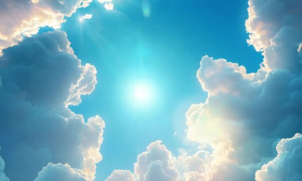Luminous Sky Through Fluffy Clouds: Radiant Sunlight and Azure Blue Atmosphere