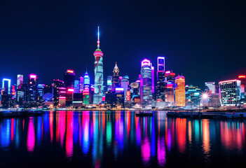 Obraz premium A colorful night skyline of a large city with tall skyscrapers and buildings reflected in the water, with a vibrant and illuminated cityscape