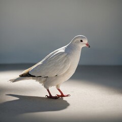 A peaceful white dove standing on a white surface, casting a soft shadow.