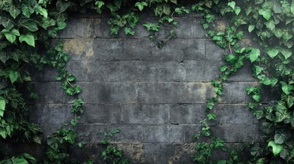 Bright green ivy climbing a rustic brick wall
