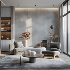 Aesthetic elegant minimalist modern interior design. Clear mock up empty wall for decoration in the apartment. Copy space in the room. Neutral palette of natural colors.