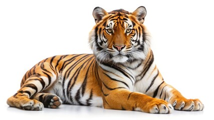 Obraz premium Striped Bengal tiger, a powerful wild cat, isolated on a white background