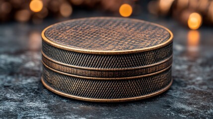 Rustic bronze round container on dark surface with bokeh lights.