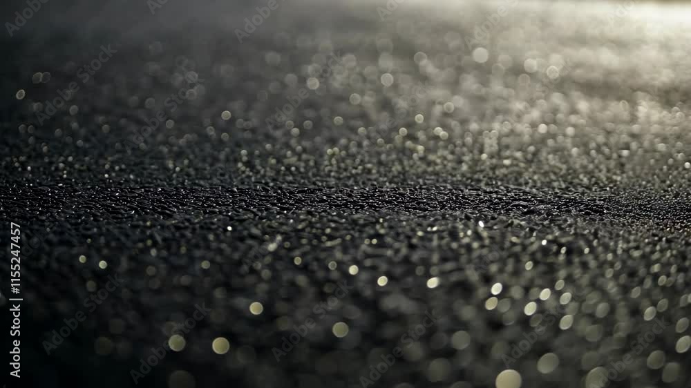 Poster droplets glistening on a dark surface at night create a mesmerizing display of light and texture