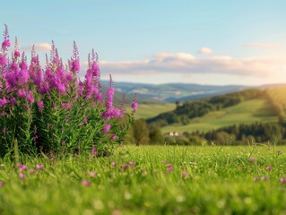 Obraz premium A scenic view of purple wildflowers in a sunny, rolling landscape. The sky is clear with a few clouds, conveying a serene and peaceful atmosphere.