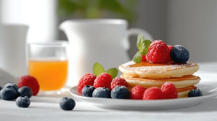 Delicious Pancakes with Berries and Juice on Table