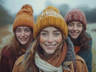 Three cheerful young women in cozy winter attire smile outdoors. They wear colorful knit hats and scarves, exuding warmth and happiness.