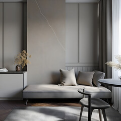 Aesthetic elegant minimalist modern interior design. Clear mock up empty wall for decoration in the apartment. Copy space in the room. Neutral palette of natural colors.