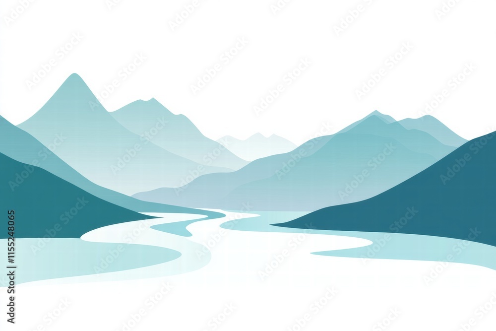 Poster Winding river flows through serene mountain range creating a peaceful minimalist landscape. Generative AI