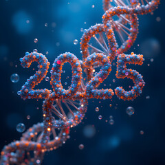 2025 made of molecules forming a dna helix floating on a blue background