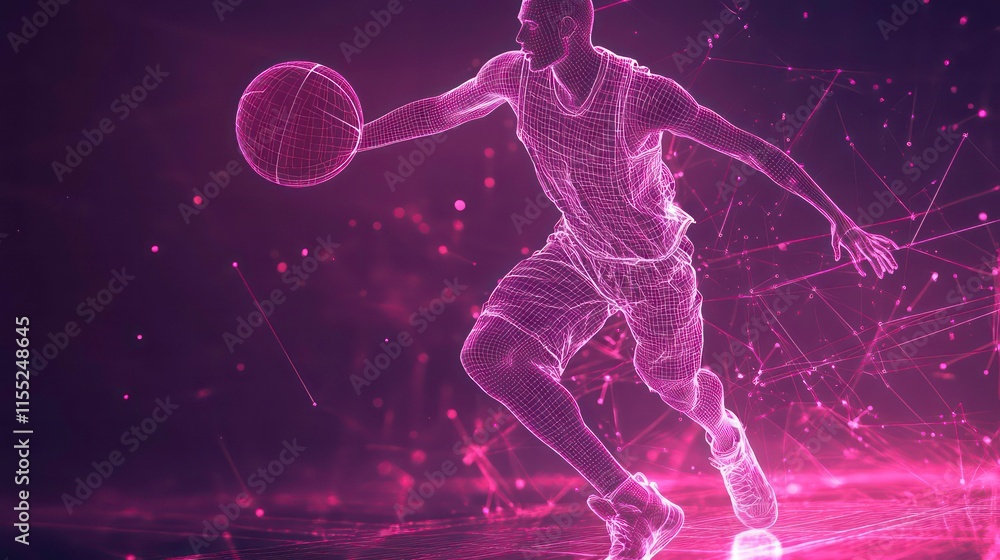 Poster abstract digital rendering of a basketball player dribbling.