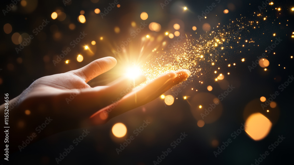 Poster hand emitting magical sparkles in a dark setting creates an enchanting atmosphere of wonder and imag