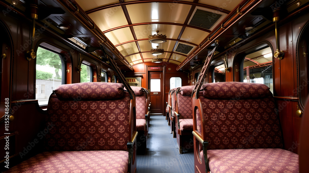 Wall mural Traditional steam train seating cabin with patterned upholstery, overhead luggage racks, and brass details. Generative AI