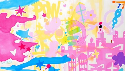 Fototapeta premium Abstract Colorful Painting Featuring Shapes and Cityscape