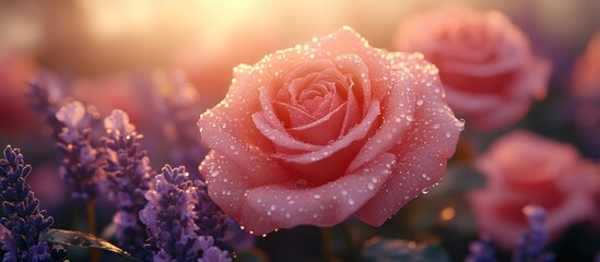 Dewy pink rose and lavender at sunset.