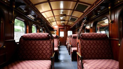 Traditional steam train seating cabin with patterned upholstery, overhead luggage racks, and brass details. Generative AI