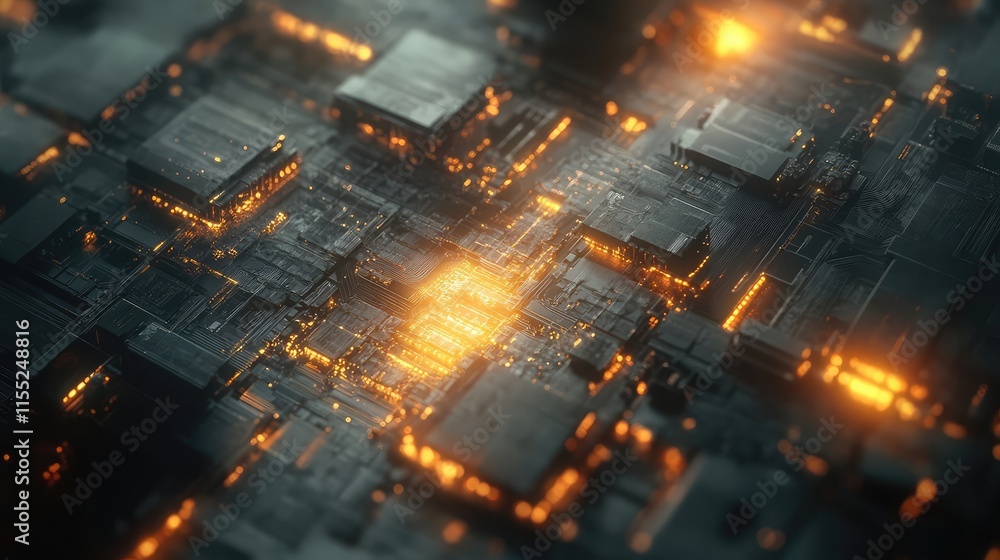 Poster close-up of a high-tech processor chip glowing with energy