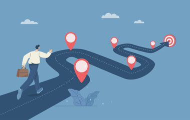 Timeline, Progress in business, Roadmap, Businessman project manager running work on project timeline, Project planning, Key route map with action plans, Timeline to success, Vector illustration.