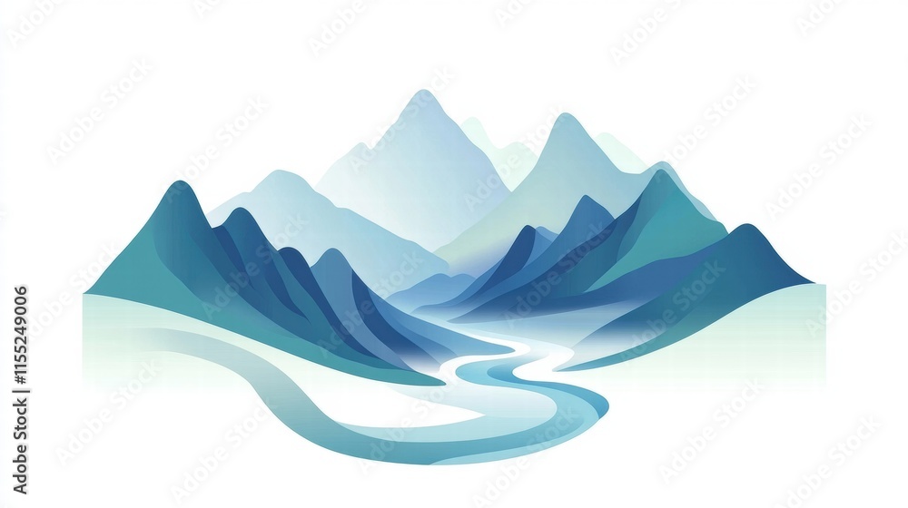 Aufkleber Winding river flows through serene mountain range in minimalist landscape design with space for text. Generative AI
