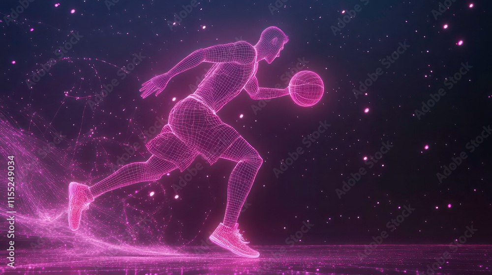 Poster wireframe basketball player dribbling a ball with glowing lines and pink particles in the background