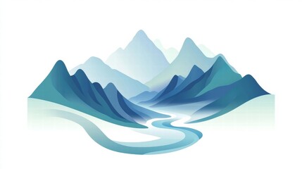Winding river flows through serene mountain range in minimalist landscape design with space for text. Generative AI
