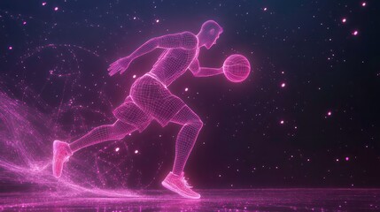 Wireframe basketball player dribbling a ball with glowing lines and pink particles in the background.