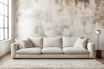 A warn relax sofa in a studio apartment, showcasing Japanese and Scandinavian interior design with TV space of living room 