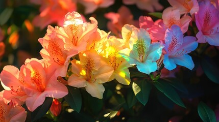 Close-up of vibrant azalea blooms lit by rainbow-colored light
