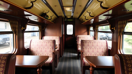 Fototapeta premium Traditional steam train seating cabin with patterned upholstery, overhead luggage racks, and brass details. Generative AI