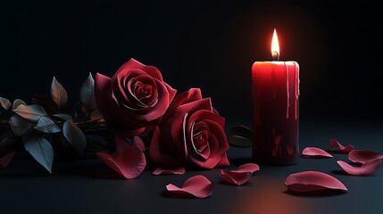 Dark Red Roses and a Burning Candle