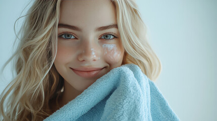 Young woman with glowing skin and bright smile holding a soft towel after skincare routine in a bright and airy bathroom setting