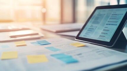 Obraz premium Tablet displaying data on desk with papers and sticky notes.