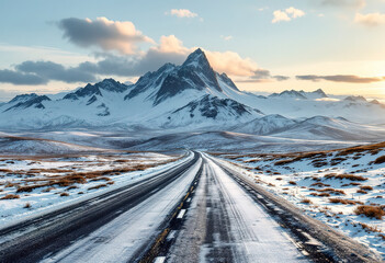 Icy winter road through the tundra hills. Wonderful panoramic mountain landscape with tundra on the Barents sea
