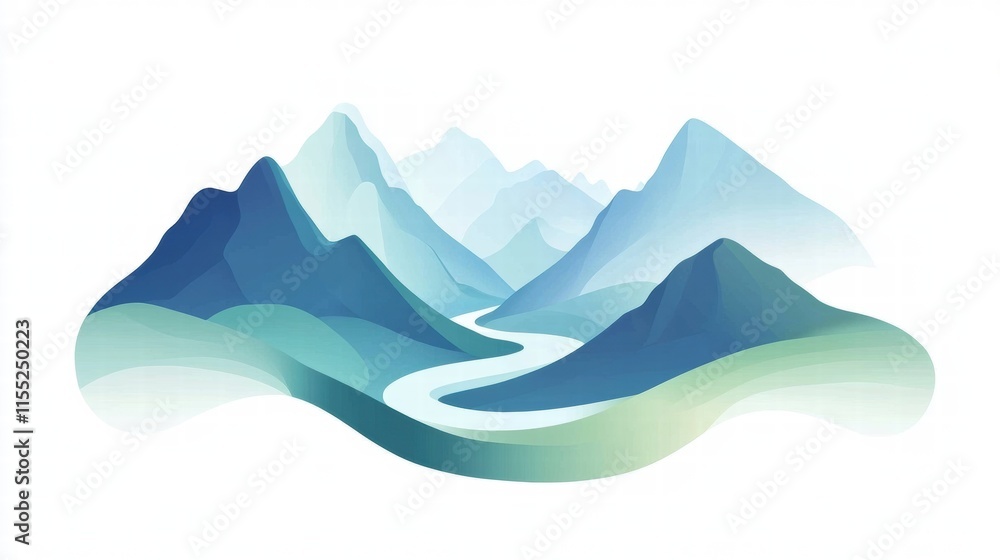 Aufkleber Explore a serene mountain range with a winding river in a minimalistic design template for copy space. Generative AI