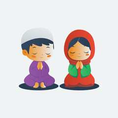 two small Muslim boys and girls praying. flat design illustration