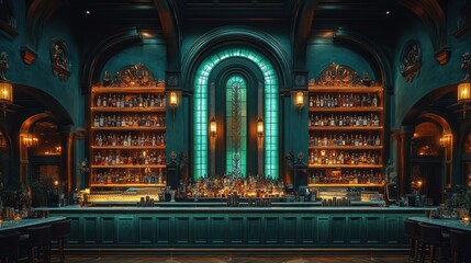 Obraz premium Luxurious teal bar interior with extensive liquor collection, ornate architecture, and stained-glass window.