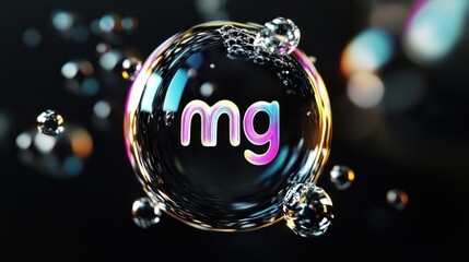 Water droplets with small bubbles in them, surrounded by colorful circles and magnesium symbols in them, the concept of mineral water that has many good elements for the body