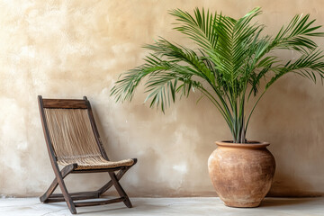 Obraz premium A rustic wooden chair with a raw, natural finish, styled with a soft cushion, and positioned beside a small round table. for coffee relax corner 