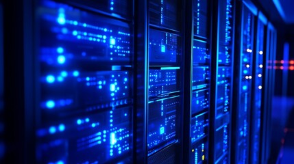 A close-up view of a data center with illuminated server racks.