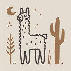 Hand drawn llama in desert with cactus and simple beige background © Victoria