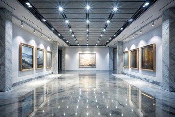 Fototapeta premium 3D Empty Frame Modern Art Gallery Bardiglio Marble Floor - Eye-Level Shot