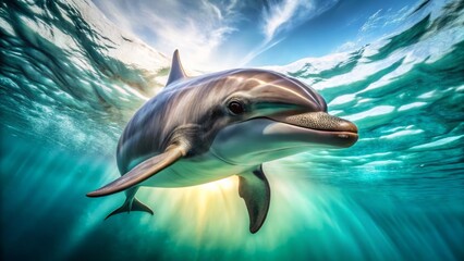 Obraz premium 4K Dolphin Worm's Eye View, Underwater Wildlife, Ocean Mammal, White Background, High Resolution Photo