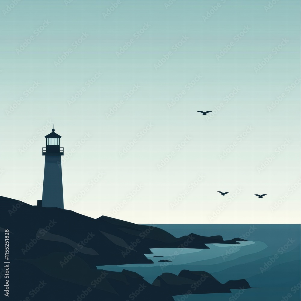 Aufkleber lighthouse silhouette on rocky coast at dusk with copy space for text and minimalist design. generat