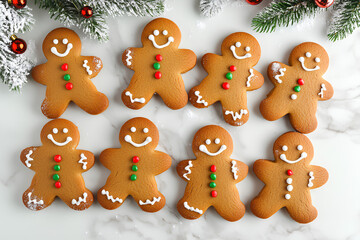 Row of gingerbread men are smiling and are decorated with red and green icing