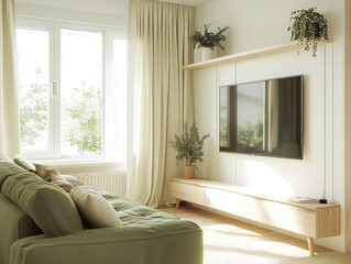 Fototapeta premium A stylish living room soft warm sofa complemented by a simple TV. The Scandinavian living room includes a two-tone rug and greenery by the windows