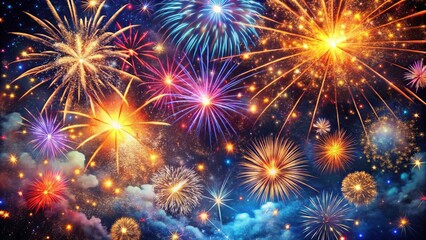 Naklejka premium Abstract Night Sky Star Explosion Fireworks Celebration - Close-Up Yellow Black Background