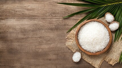 White rice in wooden bowl, wooden background, palm leaves.