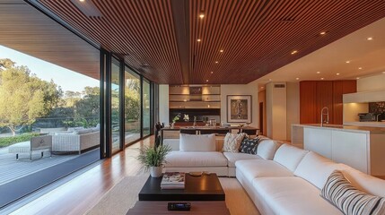 Contemporary living room with a slatted wooden ceiling and integrated downlights