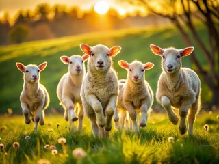Obraz premium Action Shot: Lambs & Sheep Frolicking in Spring Meadow - High-Resolution Photo